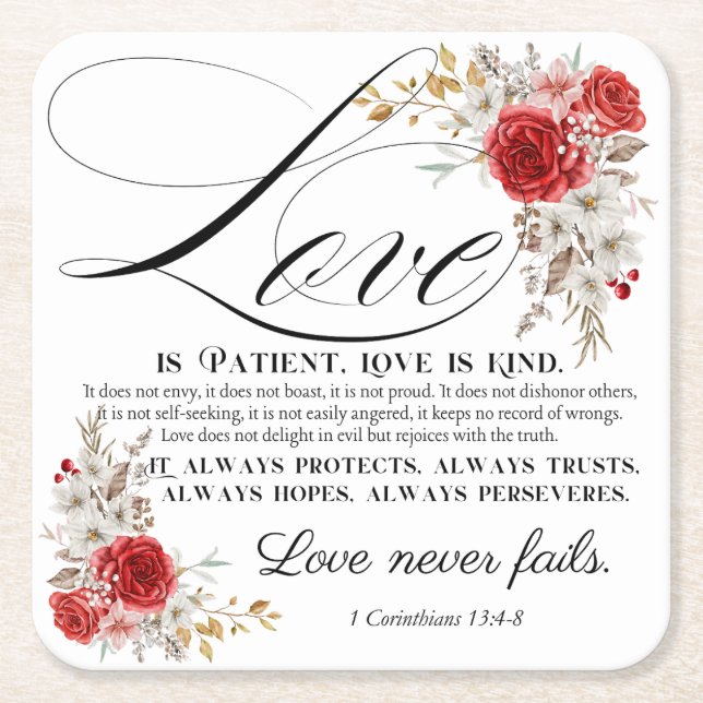 1 Corinthians 13:4-8 Love is Patient Bible Floral Square Paper Coaster (Front)