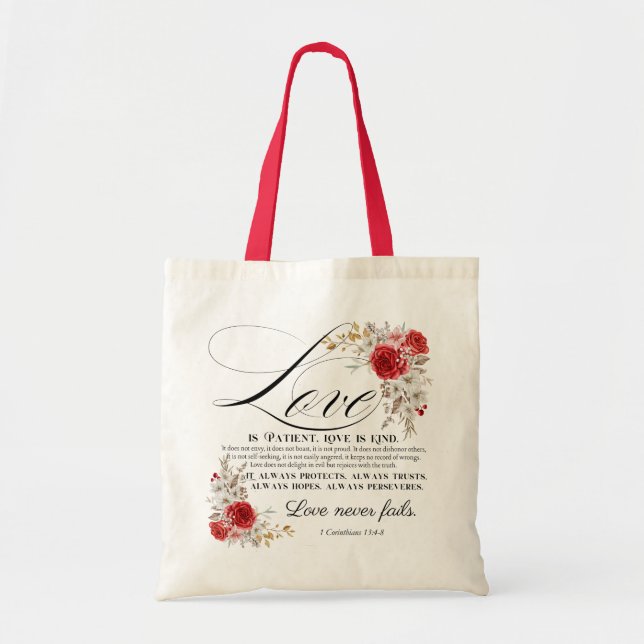 1 Corinthians 13:4-8 Love is Patient Bible Floral Tote Bag (Front)