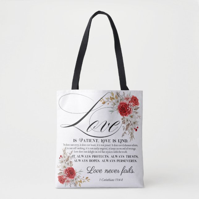 1 Corinthians 13:4-8 Love is Patient Bible Floral Tote Bag (Front)