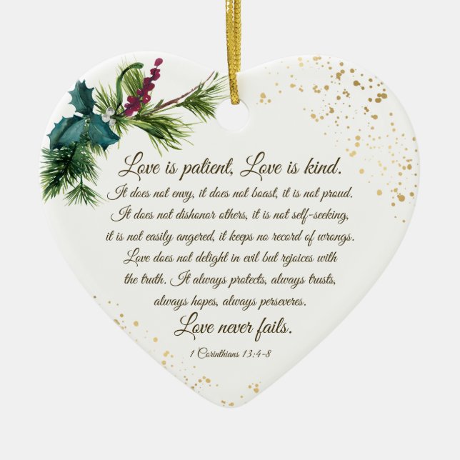 1 Corinthians 13:4-8 Love is Patient, Christmas Ceramic Tree Decoration (Front)