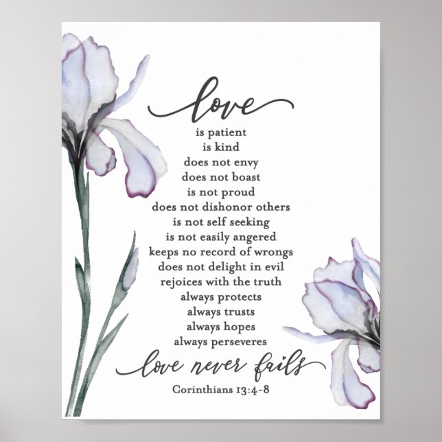1 Corinthians 13:4-8 Love is Patient Lavender Iris Poster (Front)