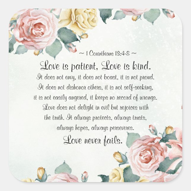 1 Corinthians 13:4-8 Love is Patient, Love is Kind Square Sticker (Front)