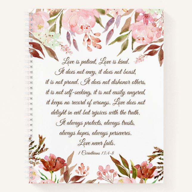 1 Corinthians 13:4-8 Love is Patient Pink Wedding Notebook (Front)