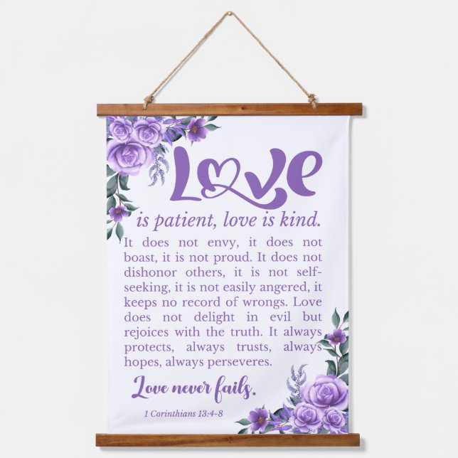 1 Corinthians 13:4-8 Love is Patient Purple Floral Hanging Tapestry (Front)