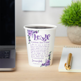 1 Corinthians 13:4-8 Love is Patient Purple Floral Paper Cups