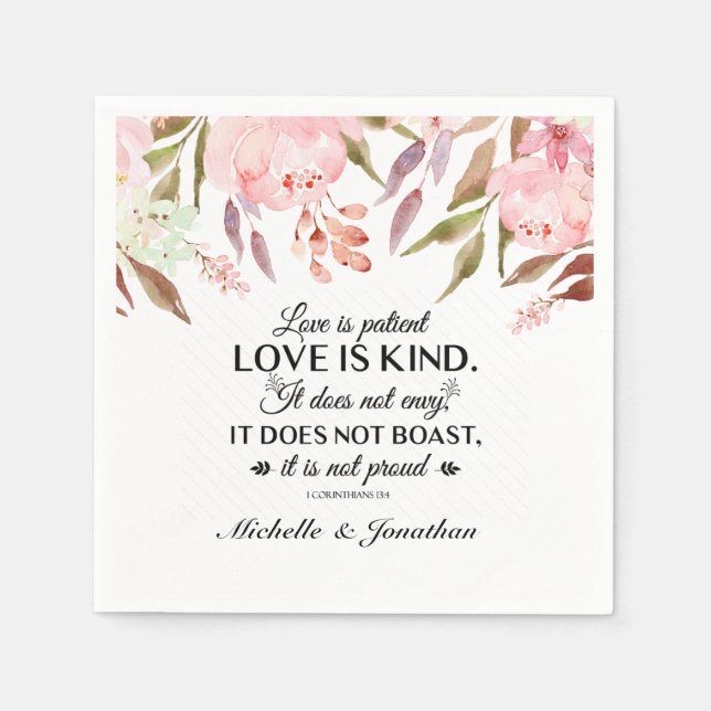 1 Corinthians 13:4 Love is Patient Blush Floral Napkin (Front)