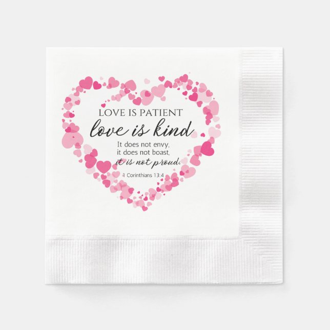 1 Corinthians 13:4 Love is Patient Pink Hearts Napkin (Front)