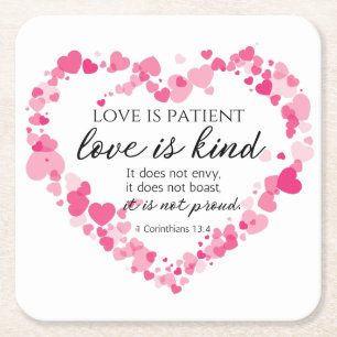 1 Corinthians 13:4 Love is Patient Pink Hearts Square Paper Coaster