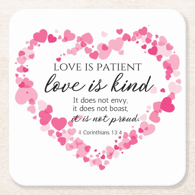1 Corinthians 13:4 Love is Patient Pink Hearts Square Paper Coaster (Front)