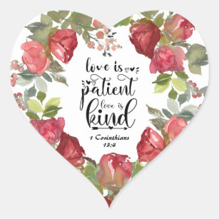 1 Corinthians 13:4 Love is Patient Red Roses Heart Sticker