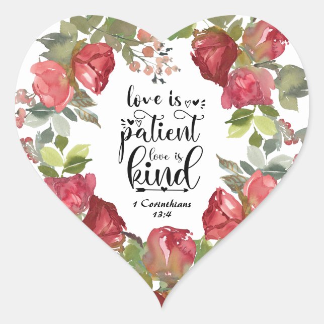 1 Corinthians 13:4 Love is Patient Red Roses Heart Sticker (Front)