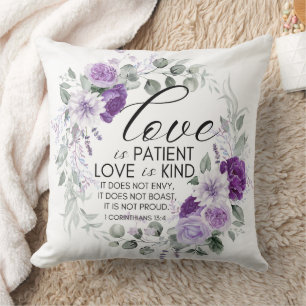 1 Corinthians 13:4 Love is Patient Violet Floral Cushion