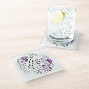 1 Corinthians 13:4 Love is Patient Violet Floral Glass Coaster