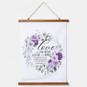 1 Corinthians 13:4 Love is Patient Violet Floral Hanging Tapestry