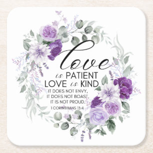 1 Corinthians 13:4 Love is Patient Violet Floral Square Paper Coaster