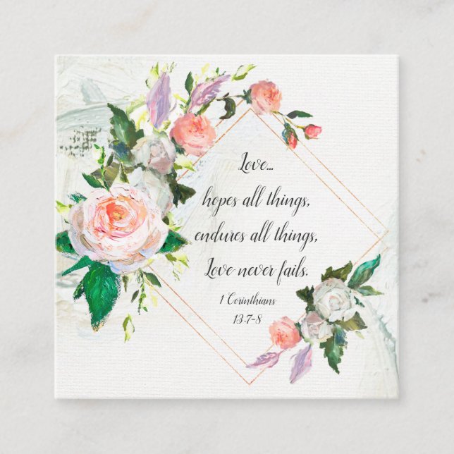 1 Corinthians 13:7-8 Love Never Fails Roses Square Business Card (Front)