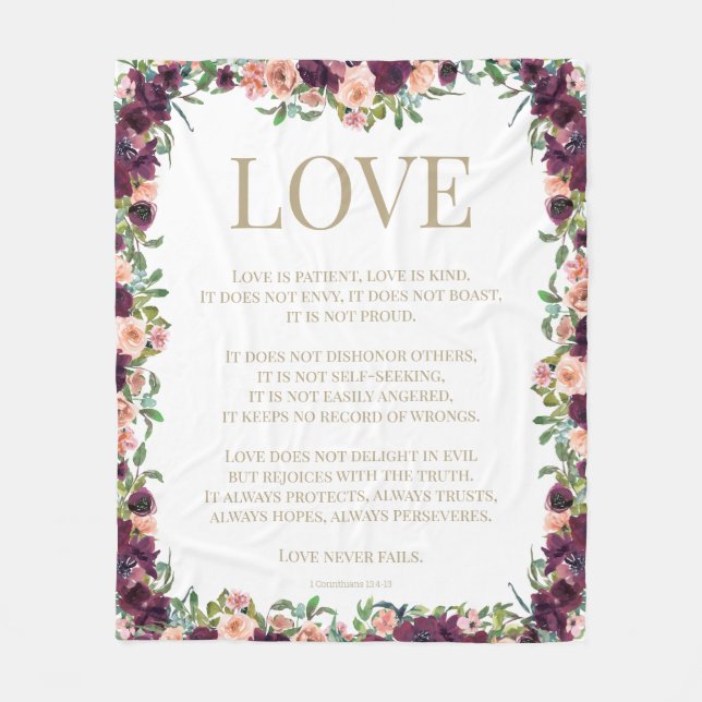 1 Corinthians 13 Love Bible Verse Burgundy Floral Fleece Blanket (Front)