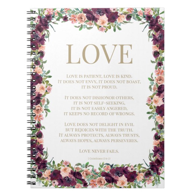 1 Corinthians 13 Love Bible Verse Burgundy Floral Notebook (Front)