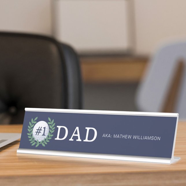 #1 Dad, Golf Ball & Laurel Wreath Navy Blue Desk Name Plate (Creator Uploaded)
