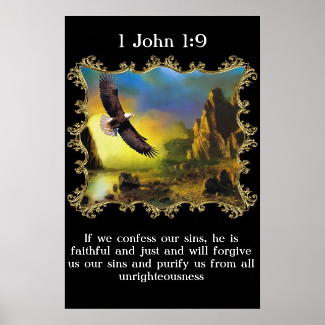 1 John 1:9 With A Eagle flying over the landscape. Poster (Front)