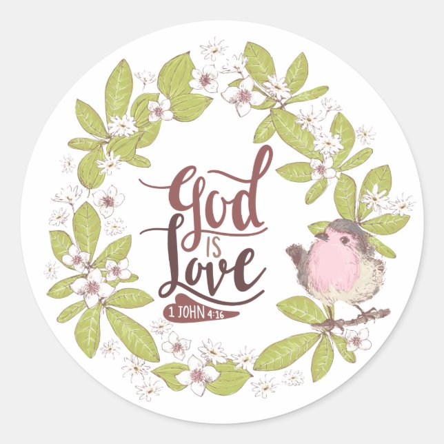 1 John 4:16 God is Love Floral Wreath Cute Bird Classic Round Sticker (Front)