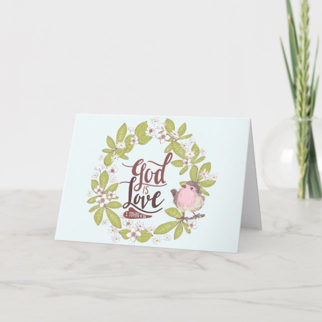 1 John 4:16 God is Love Floral Wreath Cute Bird Holiday Card (Front)