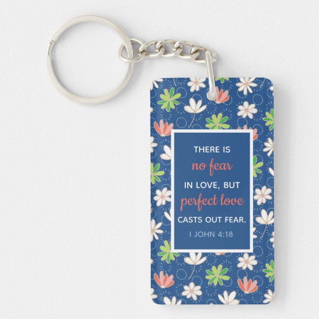 1 John 4:18 Blue Ditsy Floral Personalised Key Ring (Front)