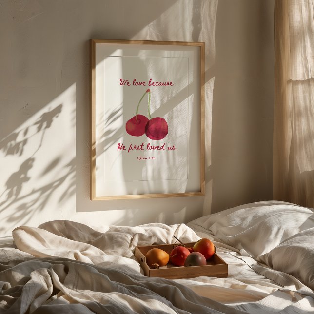 1 John 4 19 Christian Wall Art Print (Minimalist christian wedding wall art in a neutral modern room with wooden furniture and soft light.)