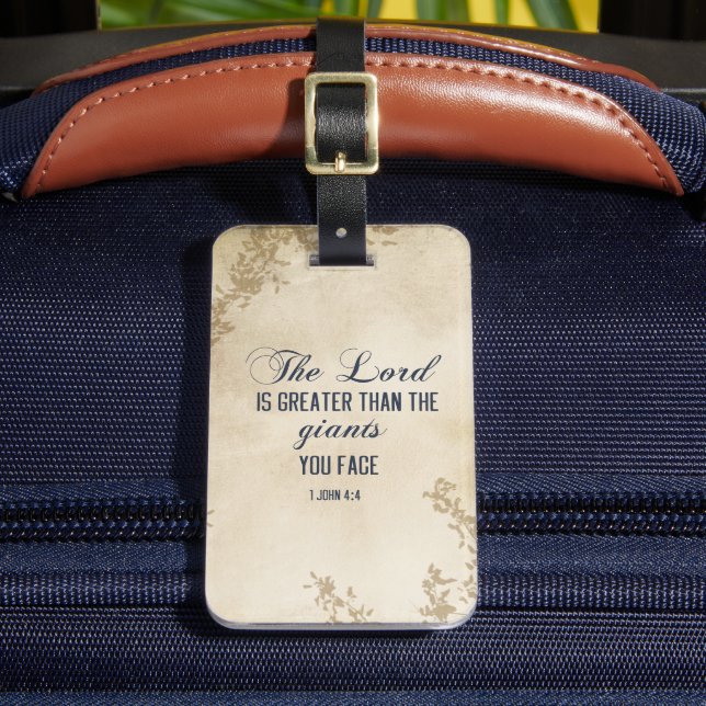 1 John 4 4 The Lord is Greater than giants Bible  Luggage Tag (Front Insitu 2)