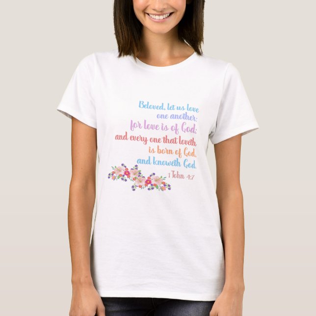 1 John 4:7 Bible Verse Rainbow Text T-Shirt (Front)