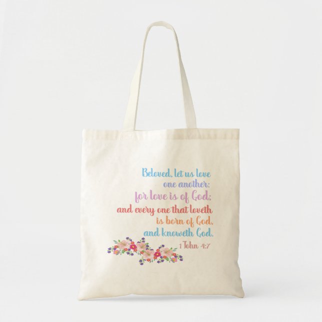 1 John 4:7 Bible Verse Rainbow Text Tote Bag (Front)