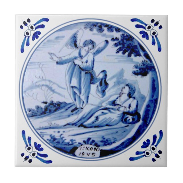1: Kings:19 Angel Awakens Elijah Blue Delft Repro Tile (Front)