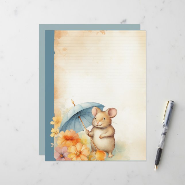 1 Mouse with blue umbrella orange pink flowers (Front/Back In Situ)