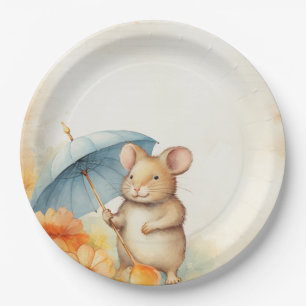 1 Mouse with blue umbrella orange pink flowers Paper Plate