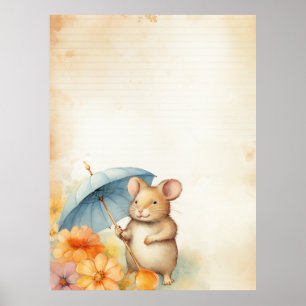 1 Mouse with blue umbrella orange pink flowers Poster