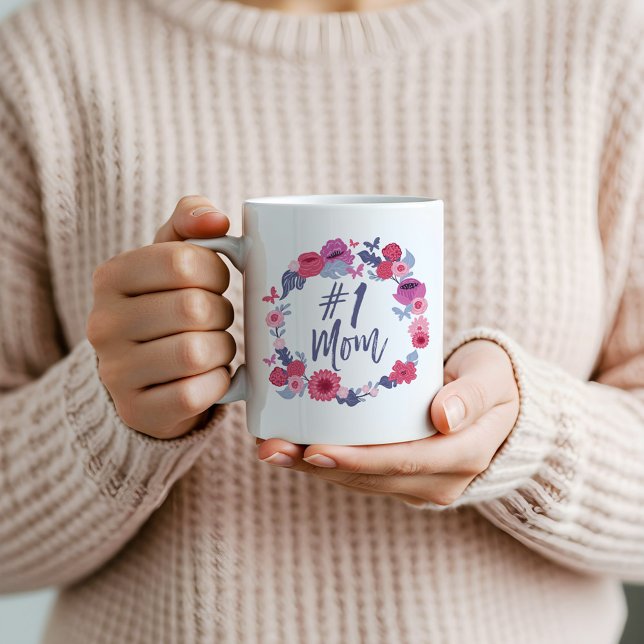 #1 Mum Brush Script Floral Butterfly Pink Wreath Coffee Mug (#1 Mom Brush Script Floral Butterfly Pink Wreath Coffee Mug)