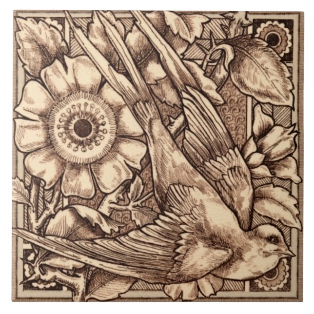 1 of Pair 1880 Craven Dunnill Bird & Rose Repro Tile (Front)