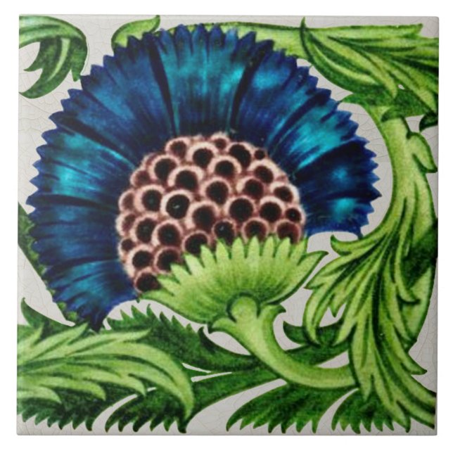 1 of Pair of Repro Antique De Morgan Blue Floral Tile (Front)