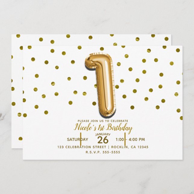 1 One Gold Balloon & Confetti 1st Birthday Party Invitation (Front/Back)