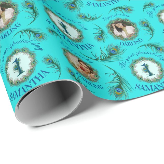 1 Peacock Feather Fully Editable Custom Photo Text Wrapping Paper (Roll Corner)