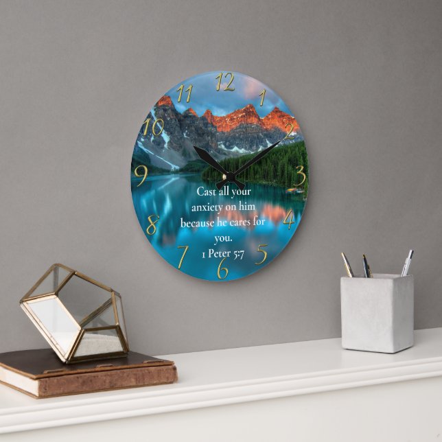 1 Peter 5:7 beautiful moutain lake view   Large Clock (Office)