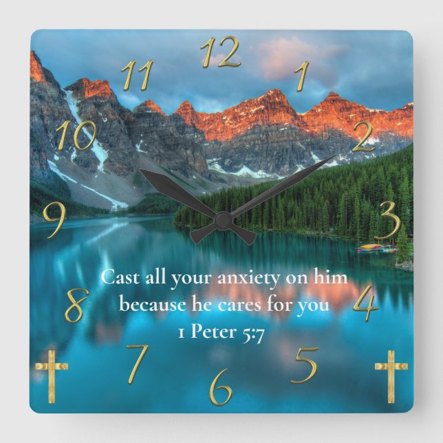 1 Peter 5:7 beautiful moutain lake view Square Wall Clock (Front)