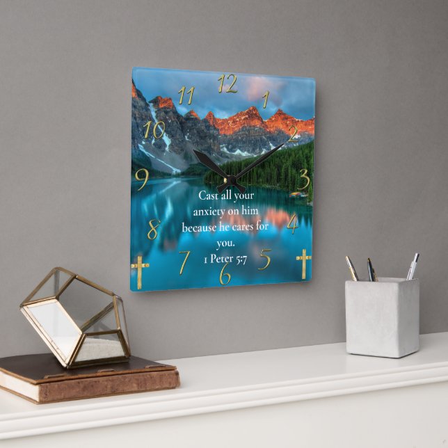 1 Peter 5:7 beautiful moutain lake view  Square Wall Clock (Office)
