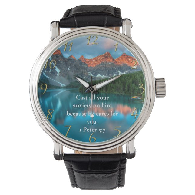 1 Peter 5:7 beautiful moutain lake view   Watch (Front)