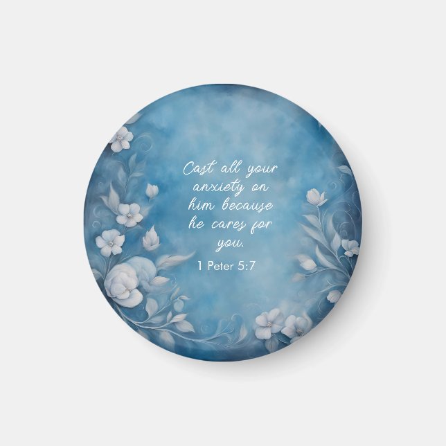 1 Peter 5:7 “Cast All Your Anxiety” Blue Floral Magnet (Front)