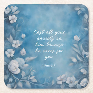 1 Peter 5:7 “Cast All Your Anxiety” Blue Floral Square Paper Coaster