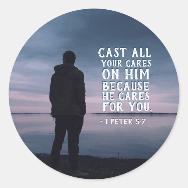 1 Peter 5:7 Cast all your cares on Him Bible Verse Classic Round Sticker (Front)