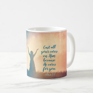 1 Peter 5:7 Cast all your cares on Him, Scripture Coffee Mug