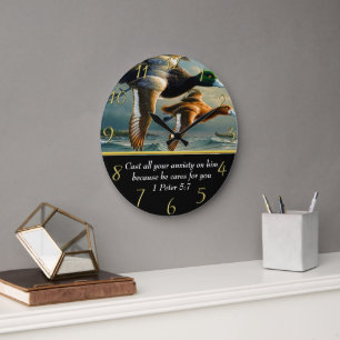 1 Peter 5:7 Christian Faith cross with ducks Large Clock