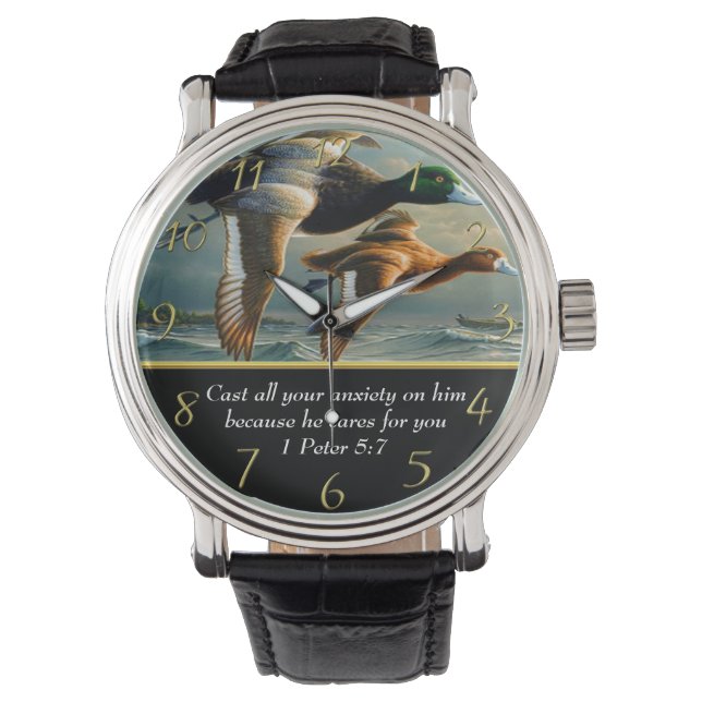 1 Peter 5:7 Christian Faith cross with ducks Watch (Front)